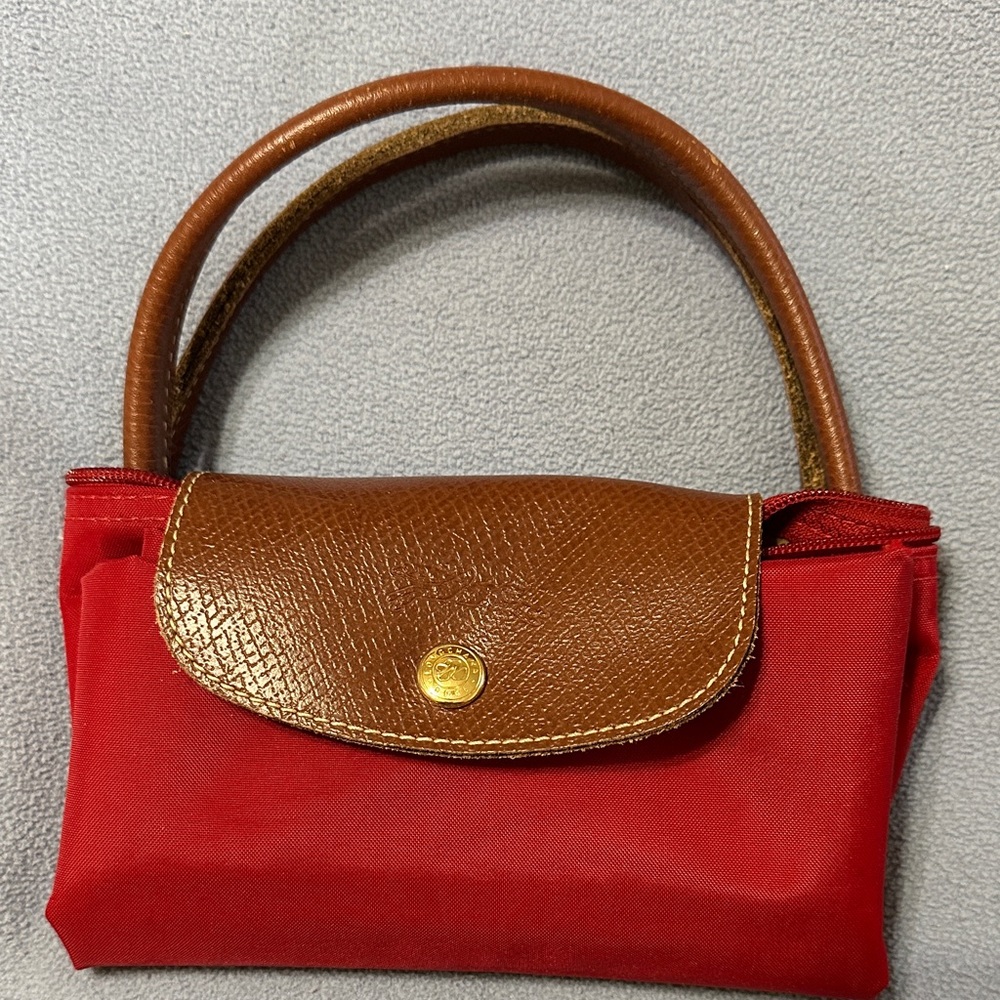 Longchamp Small Red Nylon Bag with Brown Leather Flap